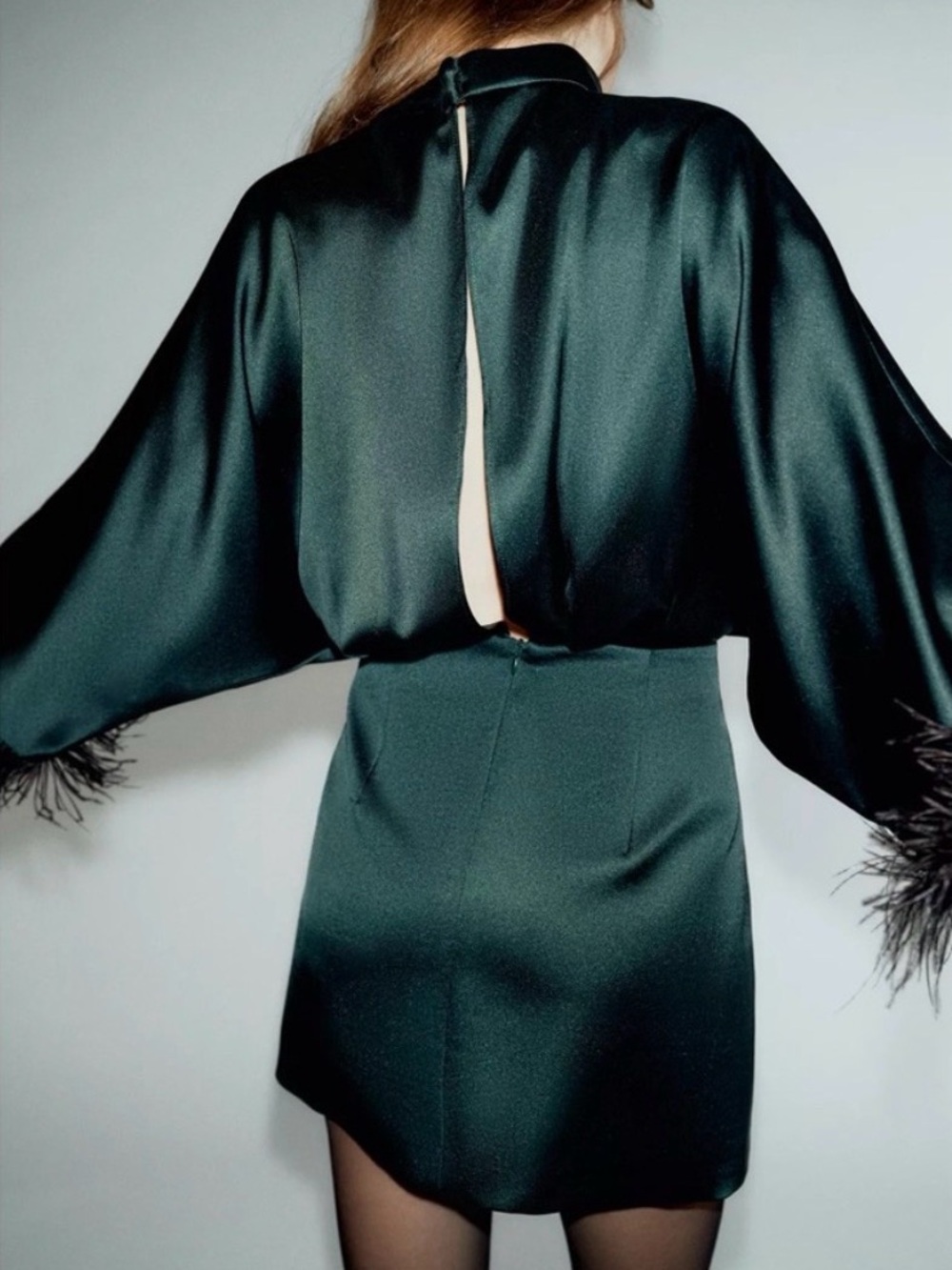 Zara Dark Teal Satin Mini Dress with Feather Trim - Picture 5 of 10
